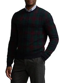 Plaid Jacquard-Knit Cashmere Crewneck Sweater