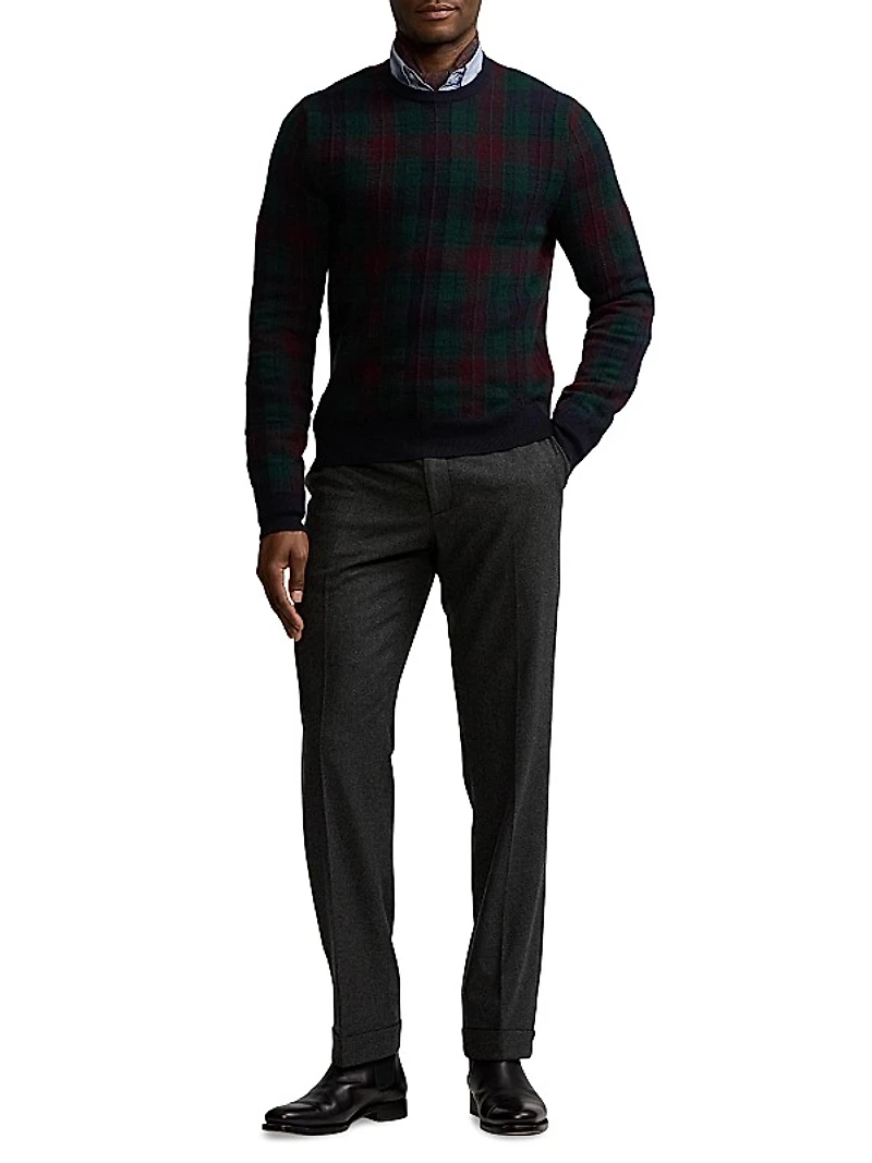 Plaid Jacquard-Knit Cashmere Crewneck Sweater