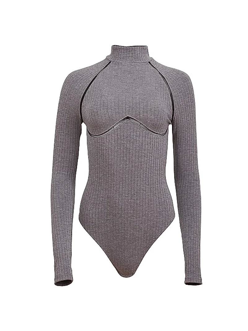 Lace Trim Rib-Knit Long-Sleeve Bodysuit