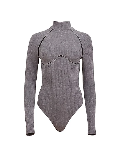 Lace Trim Rib-Knit Long-Sleeve Bodysuit