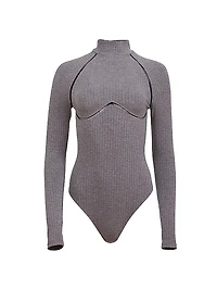Lace Trim Rib-Knit Long-Sleeve Bodysuit
