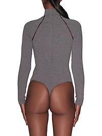 Lace Trim Rib-Knit Long-Sleeve Bodysuit
