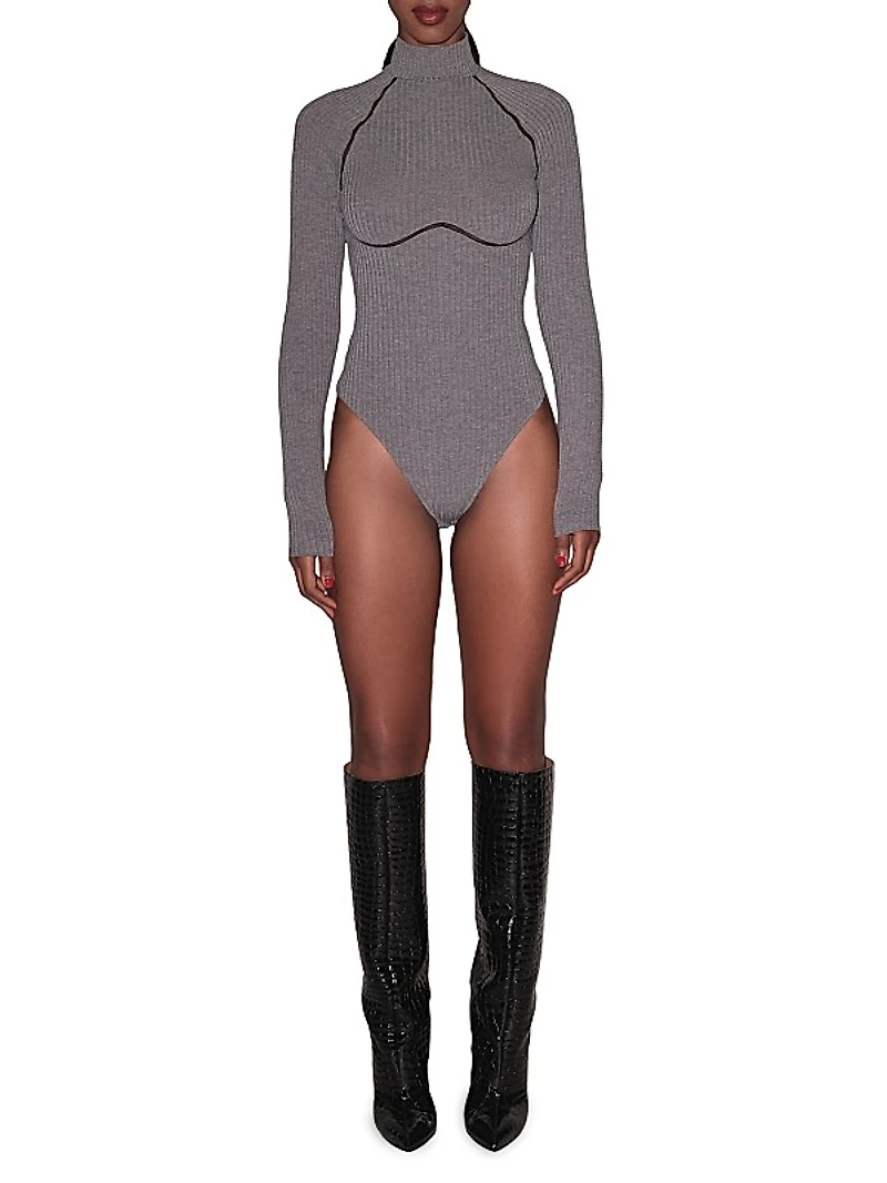 Lace Trim Rib-Knit Long-Sleeve Bodysuit