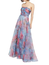 Giselle Floral Ruched Organza Strapless Gown