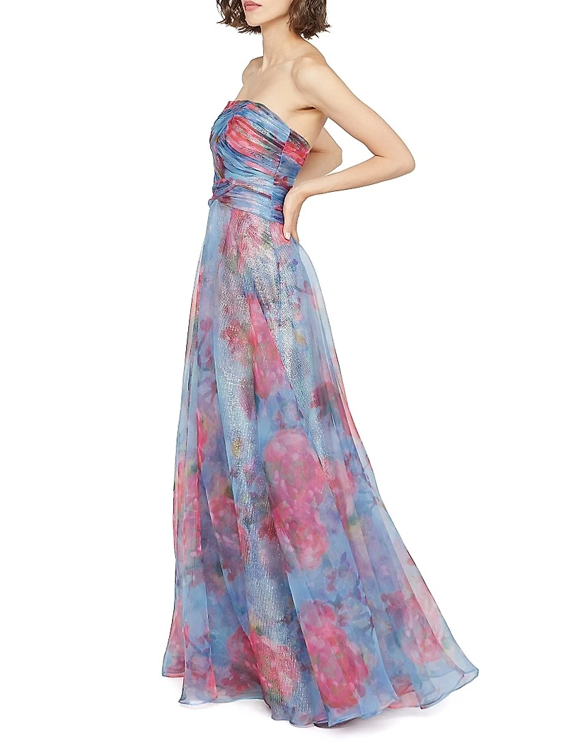 Giselle Floral Ruched Organza Strapless Gown