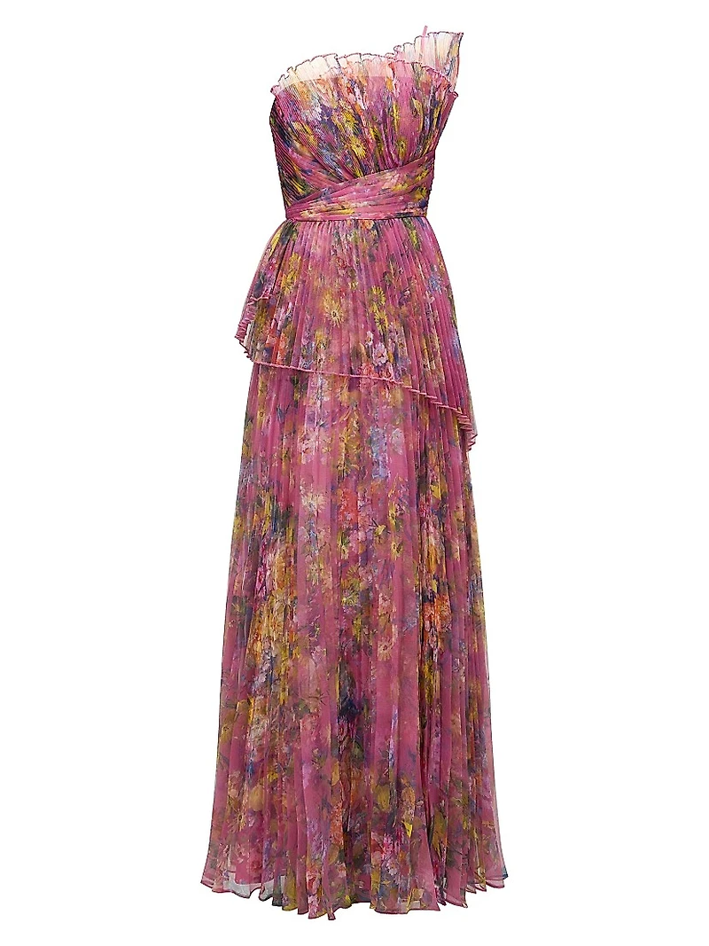 Nicolette Floral Pleated Organza Strapless Gown