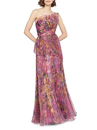 Nicolette Floral Pleated Organza Strapless Gown