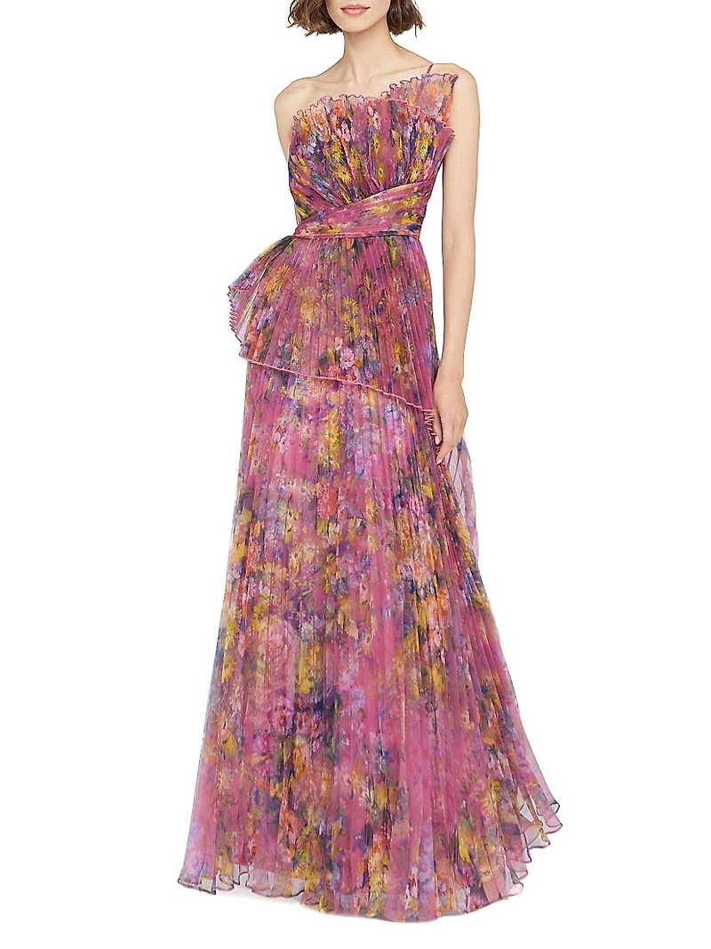 Nicolette Floral Pleated Organza Strapless Gown