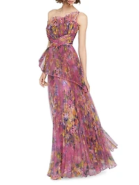 Nicolette Floral Pleated Organza Strapless Gown