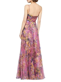 Nicolette Floral Pleated Organza Strapless Gown