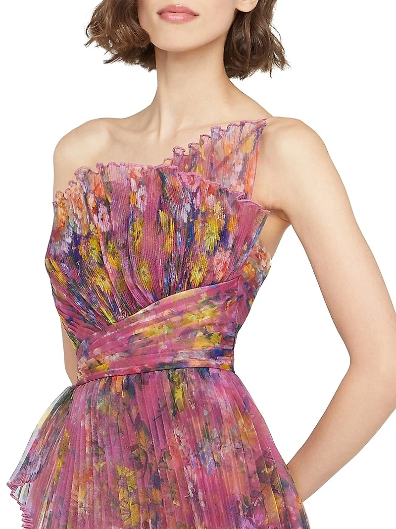 Nicolette Floral Pleated Organza Strapless Gown