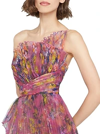 Nicolette Floral Pleated Organza Strapless Gown