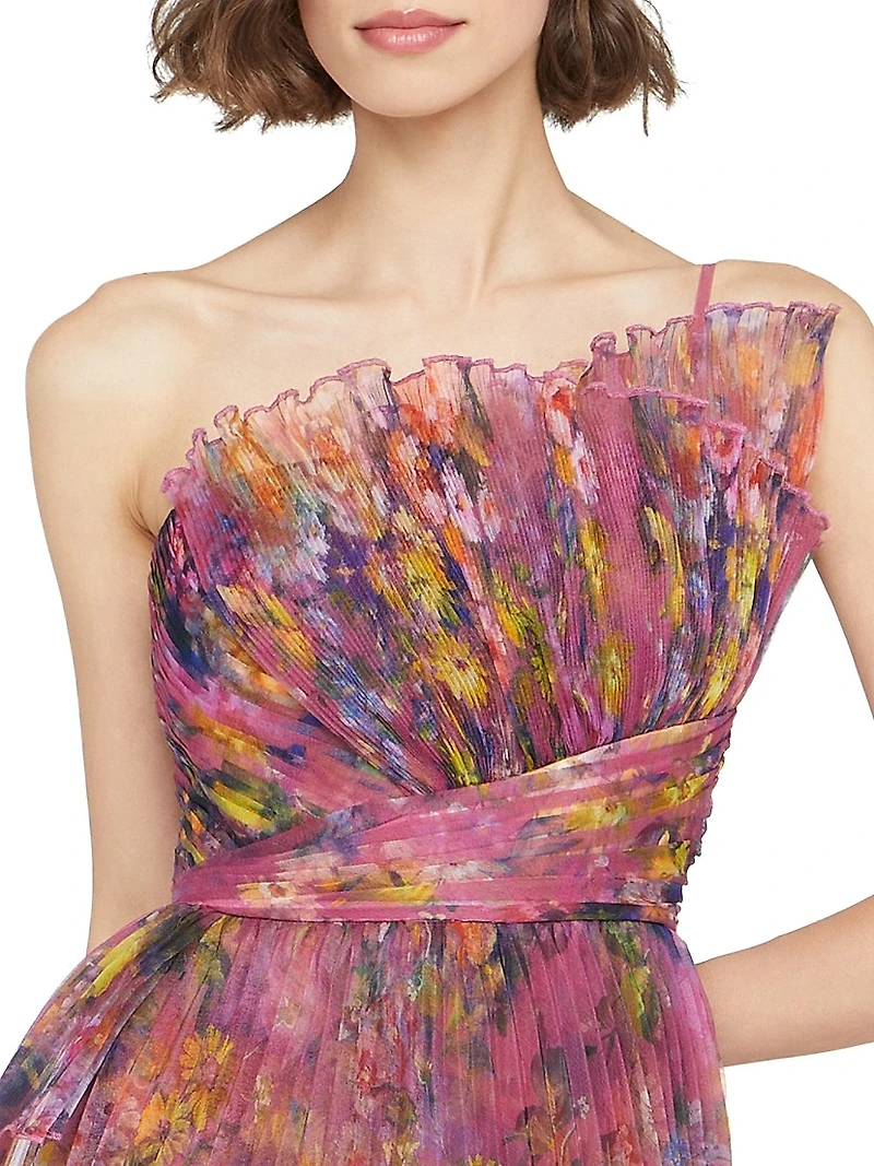 Nicolette Floral Pleated Organza Strapless Gown