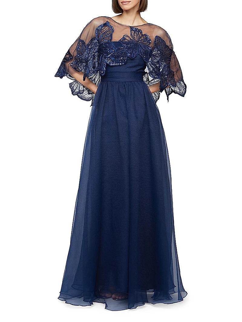 Ginny Embellished Organza Capelet Gown