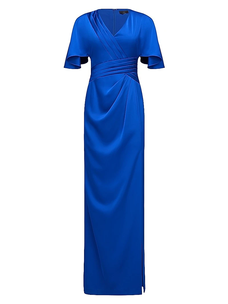 Shea Satin Pleated Flutter-Sleeve Gown