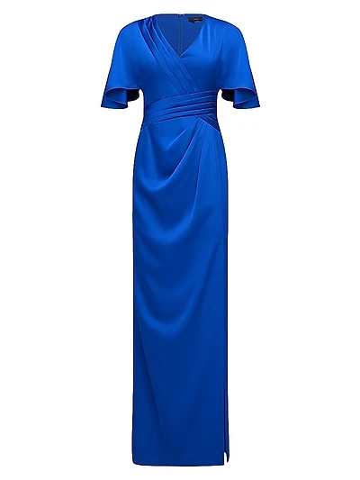 Shea Satin Pleated Flutter-Sleeve Gown