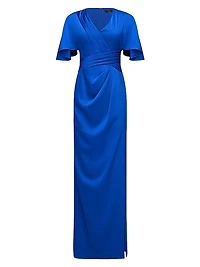 Shea Satin Pleated Flutter-Sleeve Gown