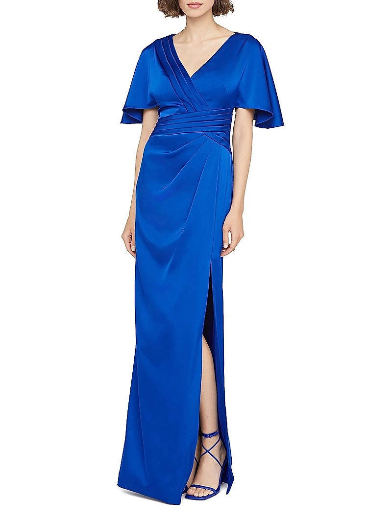 Shea Satin Pleated Flutter-Sleeve Gown