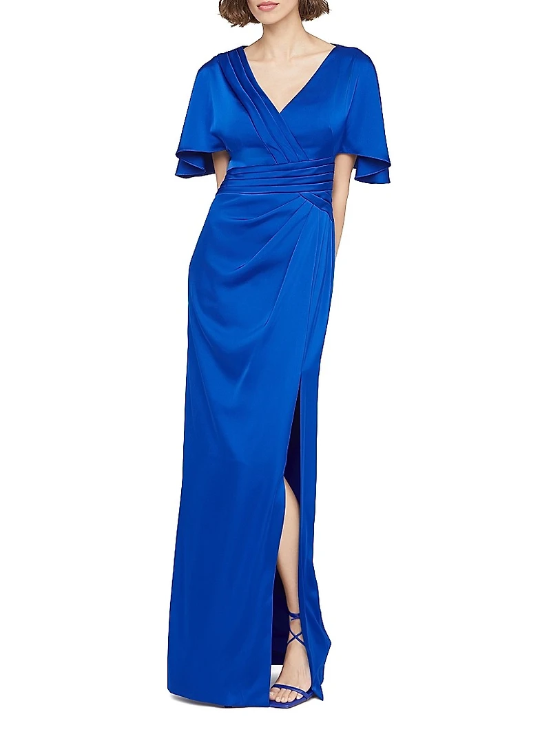 Shea Satin Pleated Flutter-Sleeve Gown