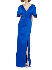 Shea Satin Pleated Flutter-Sleeve Gown