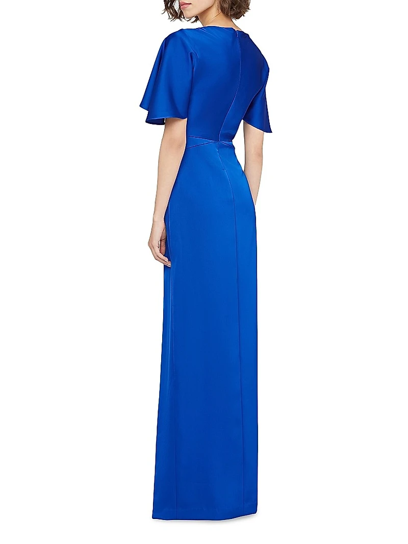 Shea Satin Pleated Flutter-Sleeve Gown