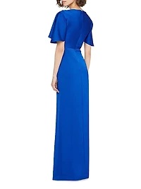 Shea Satin Pleated Flutter-Sleeve Gown