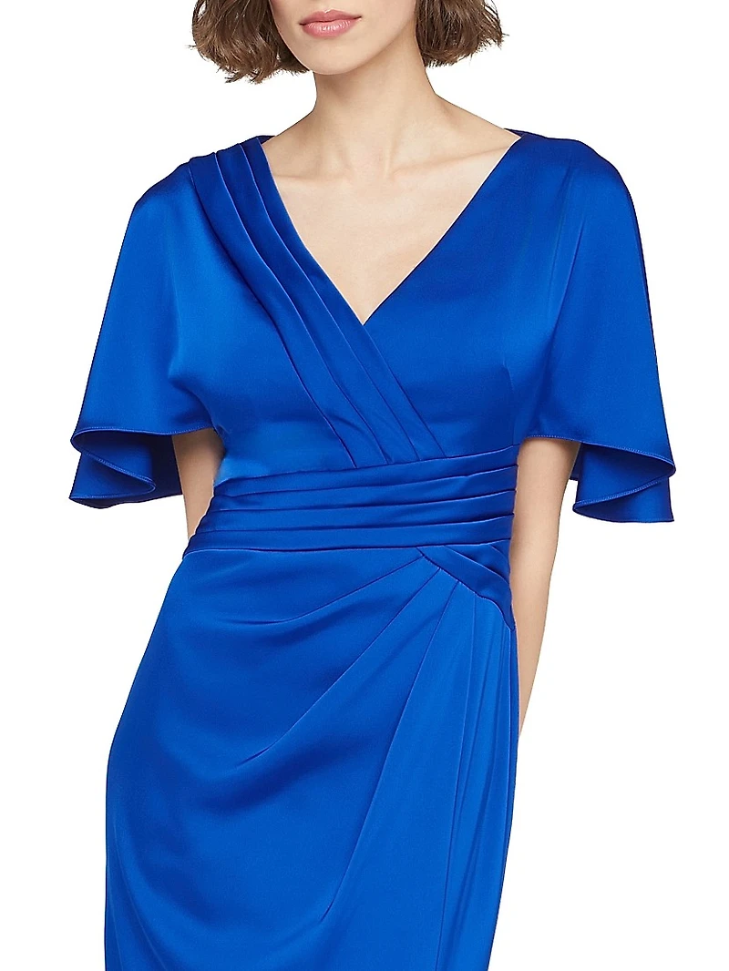 Shea Satin Pleated Flutter-Sleeve Gown