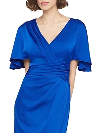 Shea Satin Pleated Flutter-Sleeve Gown