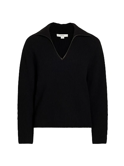 Leather-Trim Rib-Knit Polo Sweater