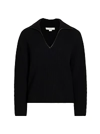 Leather-Trim Rib-Knit Polo Sweater