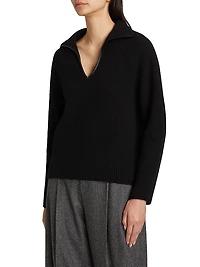 Leather-Trim Rib-Knit Polo Sweater