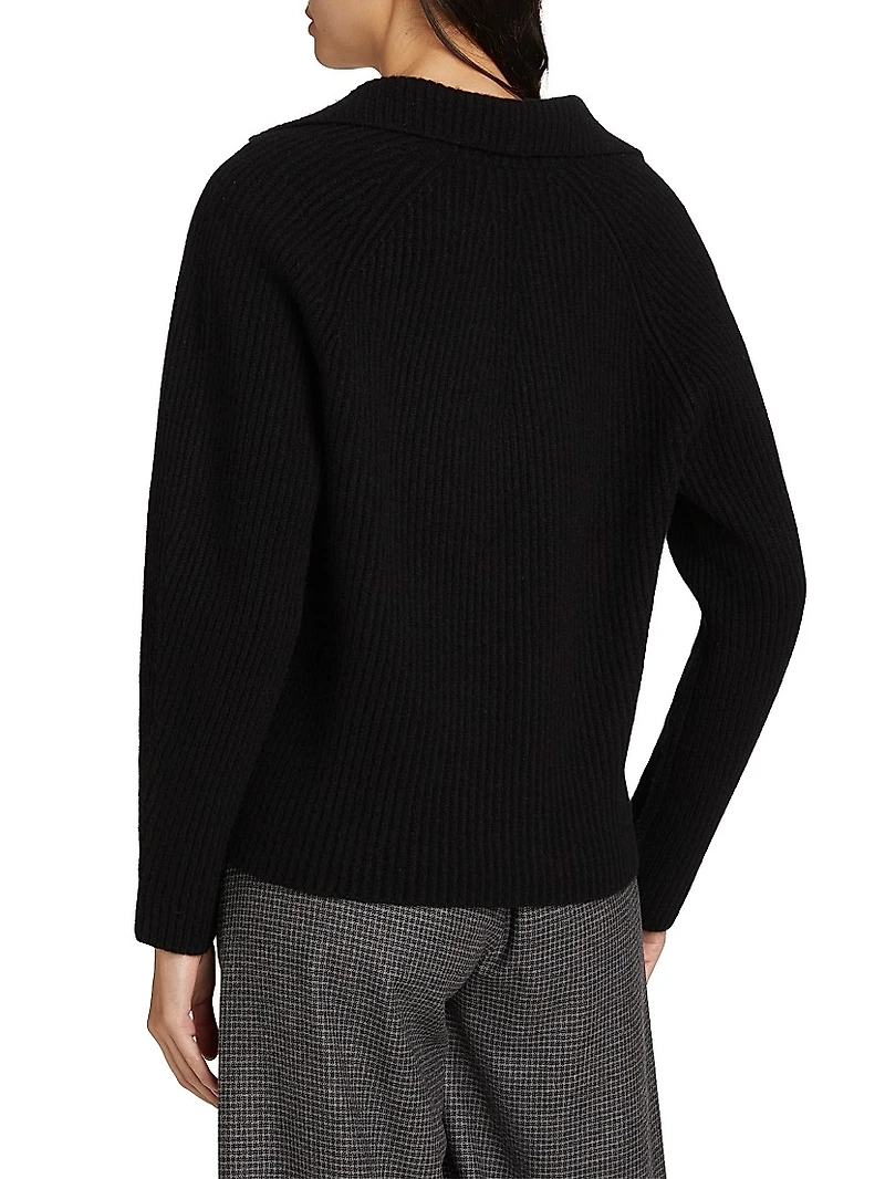 Leather-Trim Rib-Knit Polo Sweater