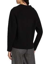 Leather-Trim Rib-Knit Polo Sweater
