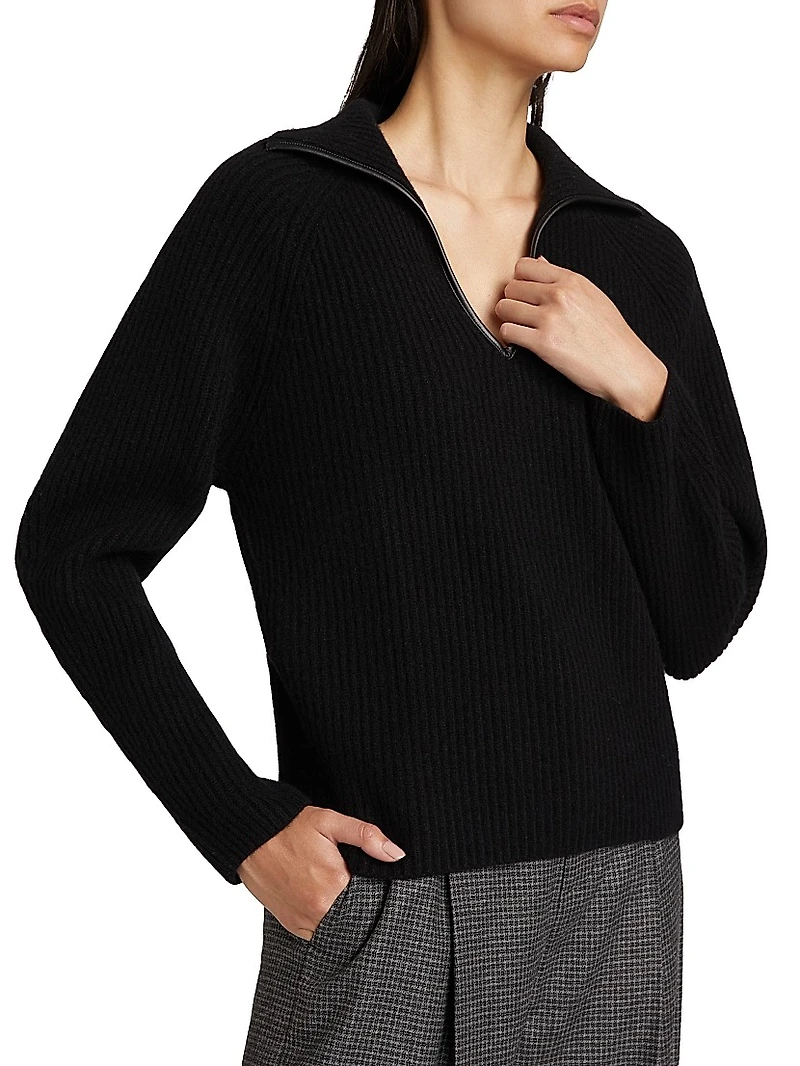 Leather-Trim Rib-Knit Polo Sweater