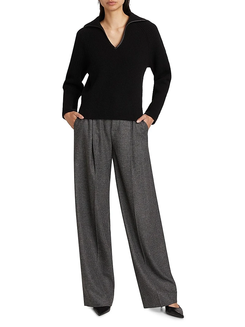 Leather-Trim Rib-Knit Polo Sweater