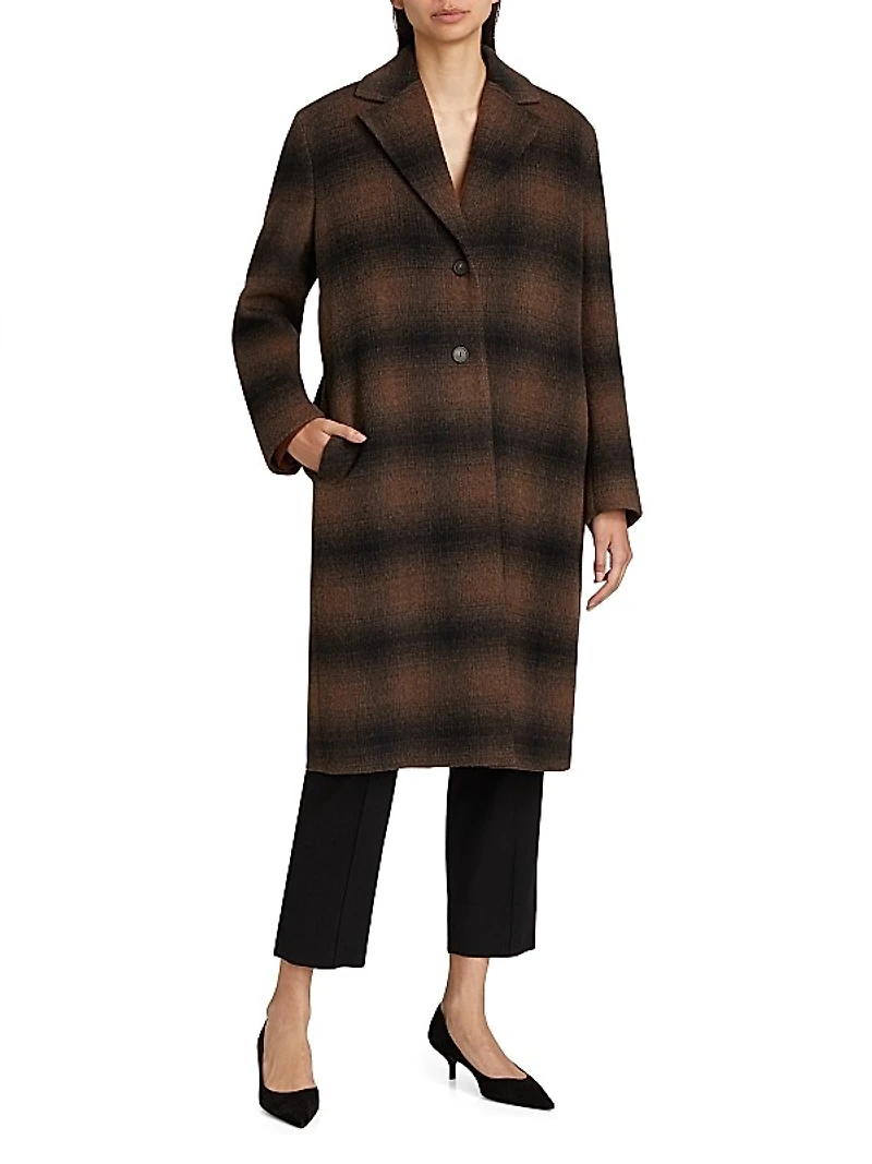 Shadow Plaid Wool-Blend Car Coat