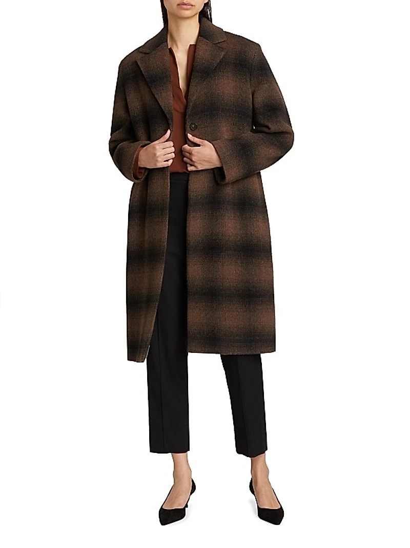 Shadow Plaid Wool-Blend Car Coat
