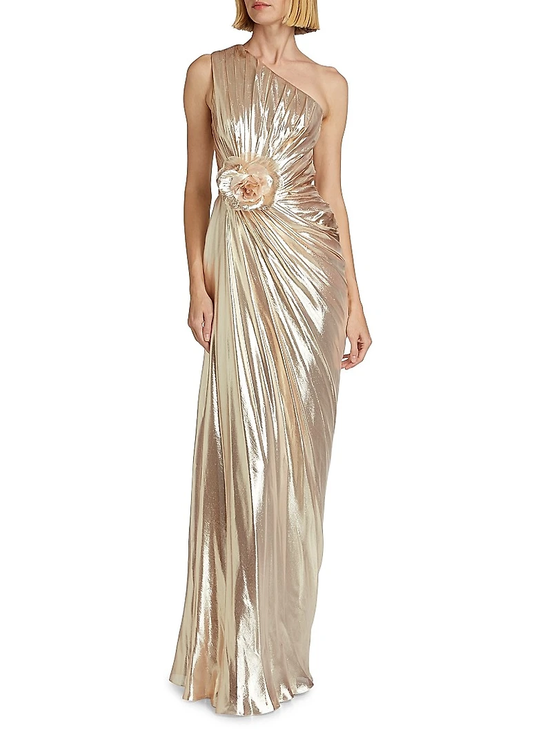 Metallic Chiffon One-Shoulder Gown