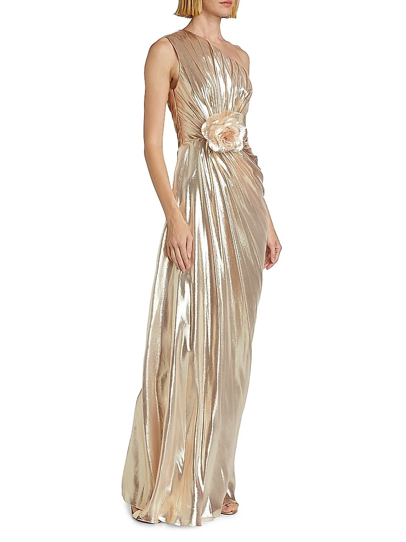 Metallic Chiffon One-Shoulder Gown
