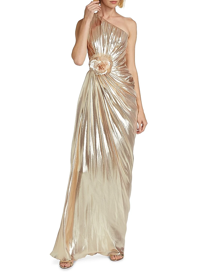 Metallic Chiffon One-Shoulder Gown