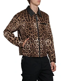 Leather-Trimmed Leopard-Printed Jacket
