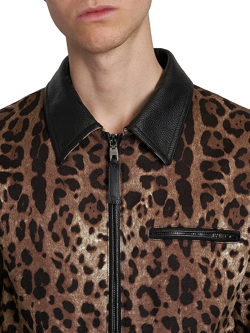 Leather-Trimmed Leopard-Printed Jacket