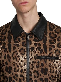 Leather-Trimmed Leopard-Printed Jacket
