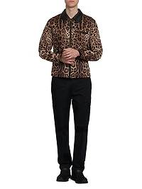 Leather-Trimmed Leopard-Printed Jacket