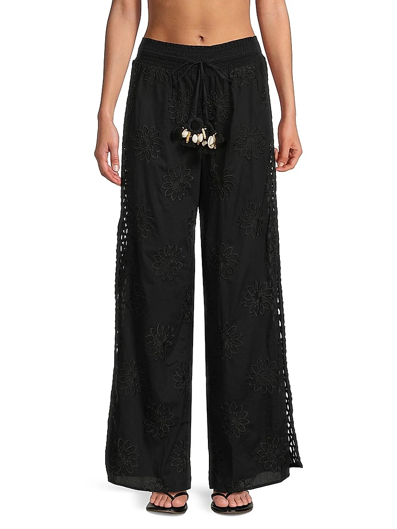 Milan Floral Cotton Drawstring Wide-Leg Pants