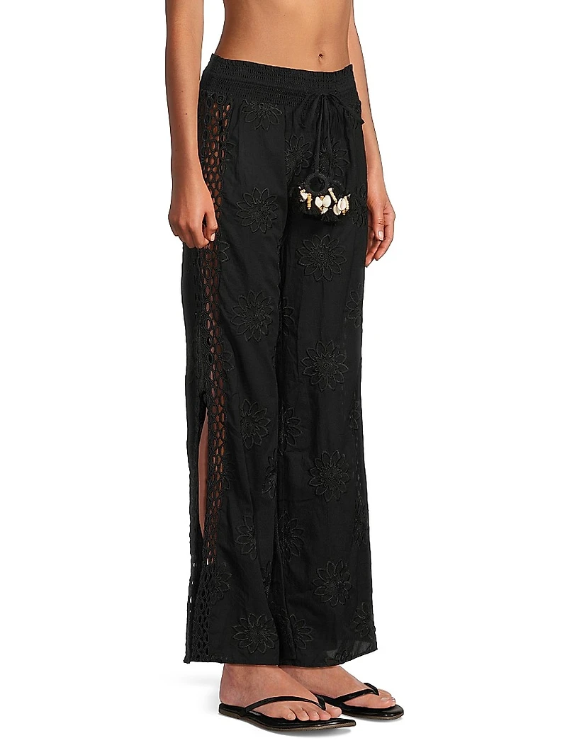 Milan Floral Cotton Drawstring Wide-Leg Pants