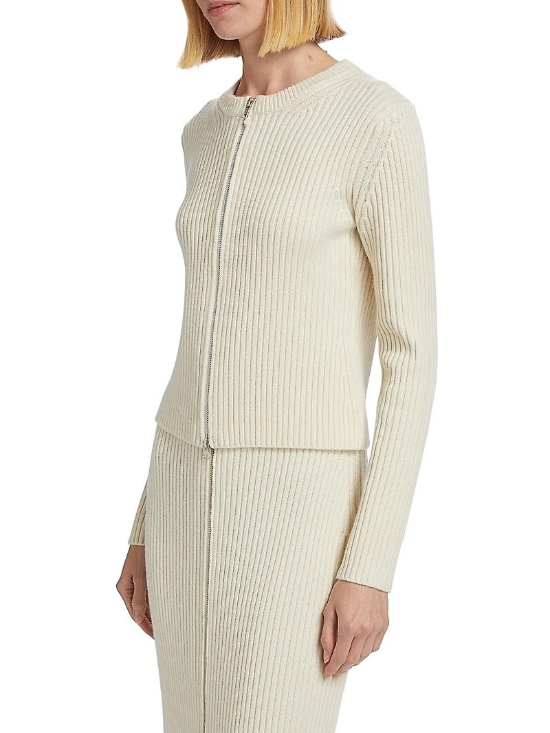 Ribbed Wool-Cashmere Zip-Up Cardigan