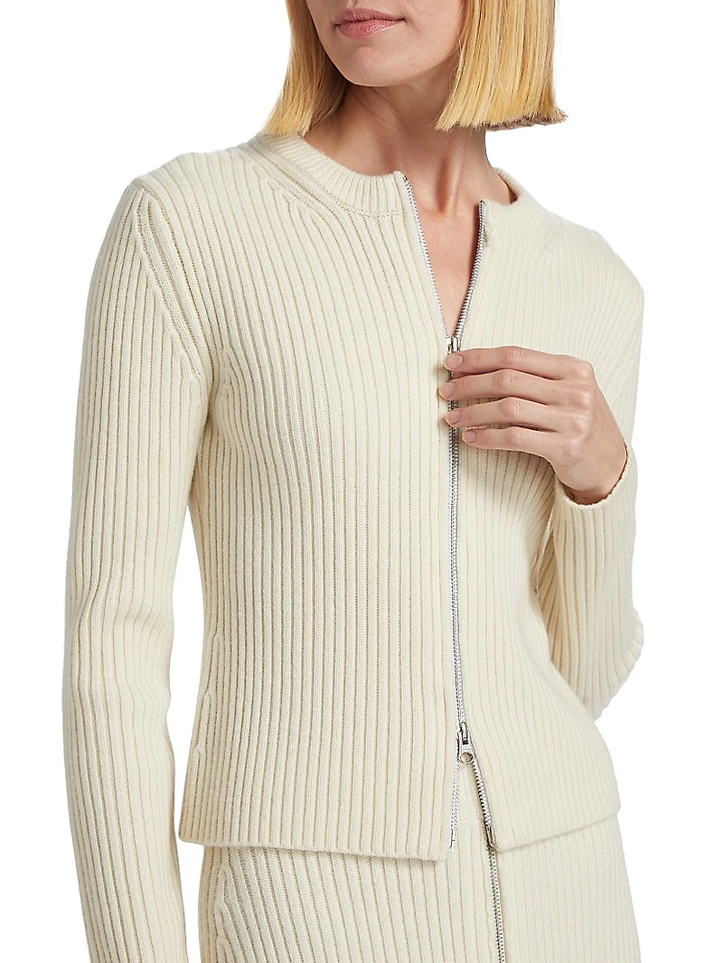 Ribbed Wool-Cashmere Zip-Up Cardigan
