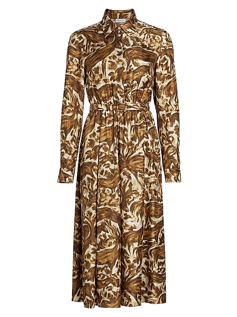 Printed Silk Pleated Midi-Shirtdress