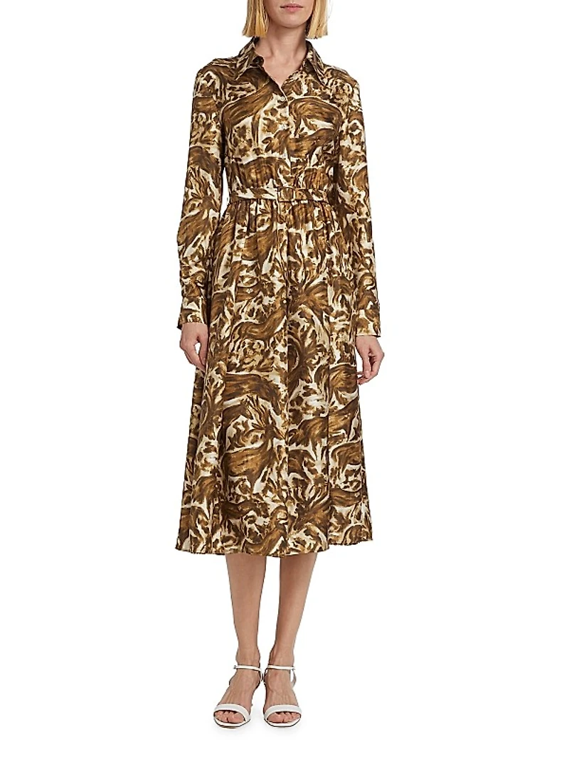 Printed Silk Pleated Midi-Shirtdress